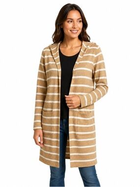🩷. #7001. Striped Hooded Open-Front Sweater Cardigan - Camel/White